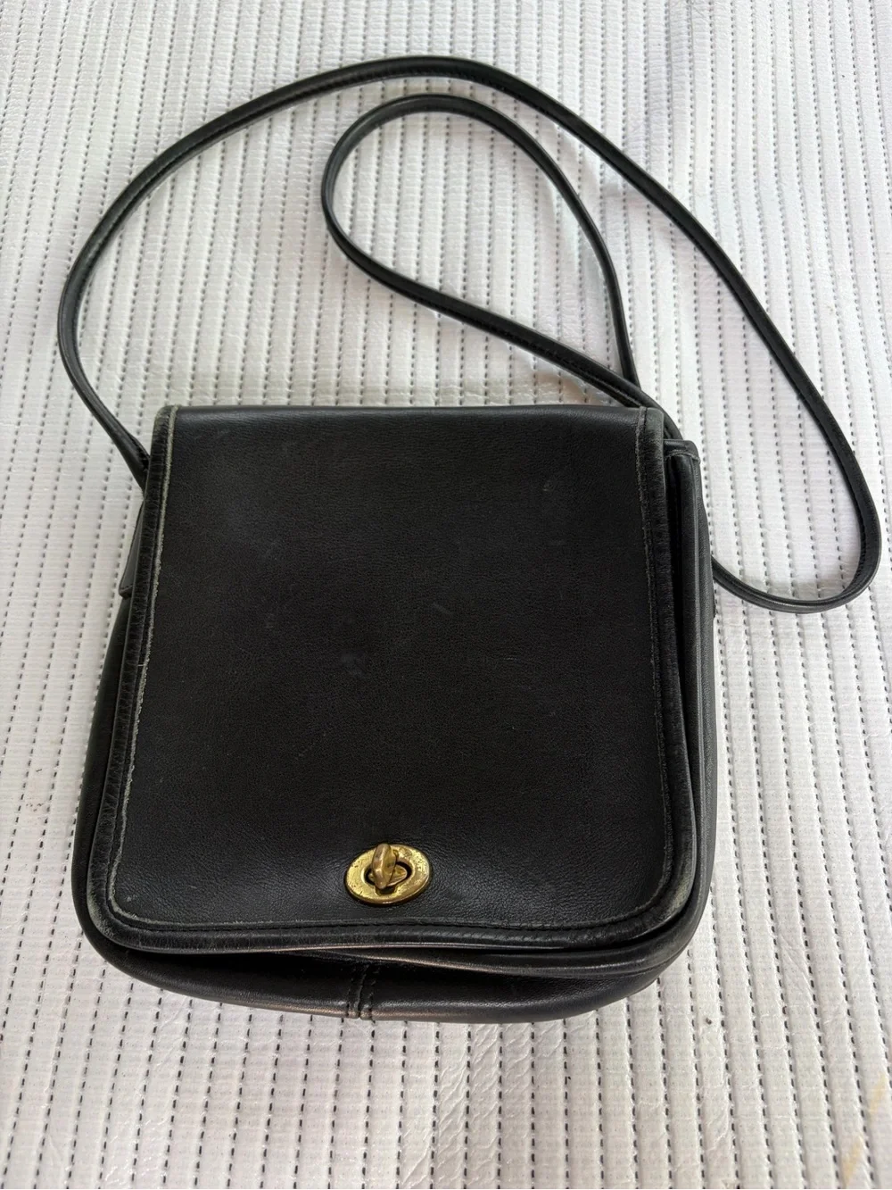 Vintage Coach Black Leather Crossbody Bag with Gold Turnlock